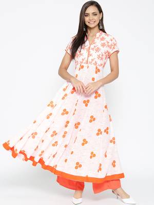 White printed cotton long-kurtis 1