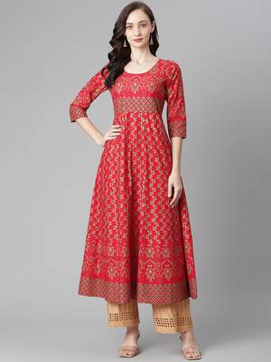 Red printed cotton long-kurtis 1