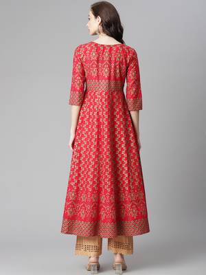 Red printed cotton long-kurtis 2