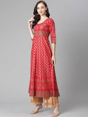Red printed cotton long-kurtis 3