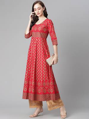 Red printed cotton long-kurtis 5