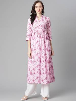 Pink printed cotton long-kurtis 1