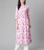 Pink printed cotton long-kurtis