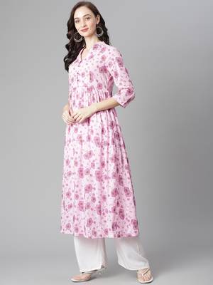 Pink printed cotton long-kurtis 3