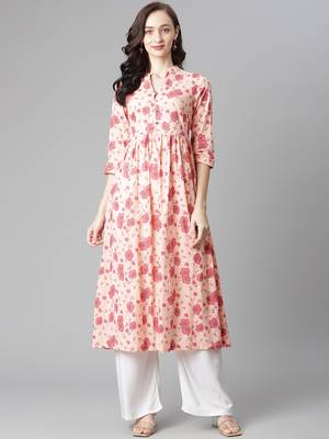 Peach printed cotton long-kurtis 1