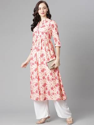 Peach printed cotton long-kurtis 2
