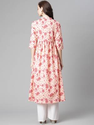 Peach printed cotton long-kurtis 3
