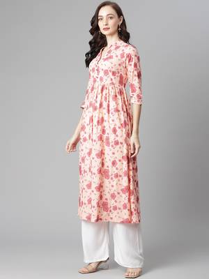 Peach printed cotton long-kurtis 5