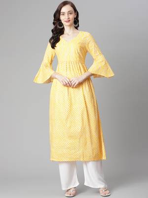 Yellow printed cotton long-kurtis 1