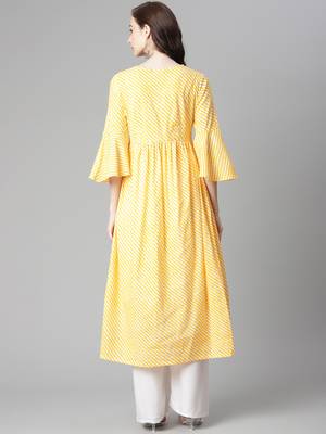 Yellow printed cotton long-kurtis 2