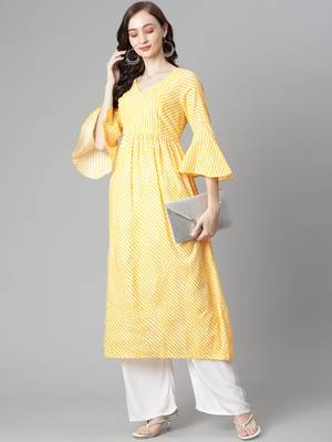 Yellow printed cotton long-kurtis 5