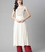 White embroidered rayon long-kurtis