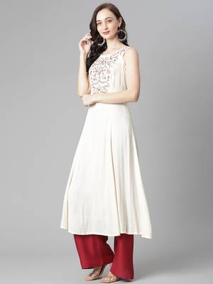 White embroidered rayon long-kurtis 3