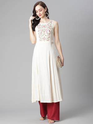White embroidered rayon long-kurtis 5