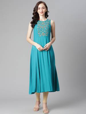 Turquoise embroidered rayon long-kurtis 1