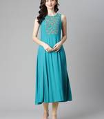 Turquoise embroidered rayon long-kurtis