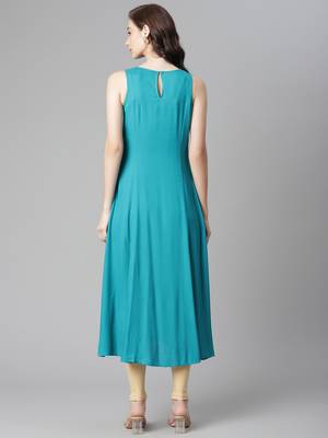 Turquoise embroidered rayon long-kurtis 2