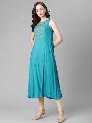 Turquoise embroidered rayon long-kurtis 3
