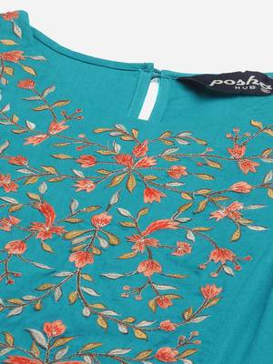 Turquoise embroidered rayon long-kurtis 4