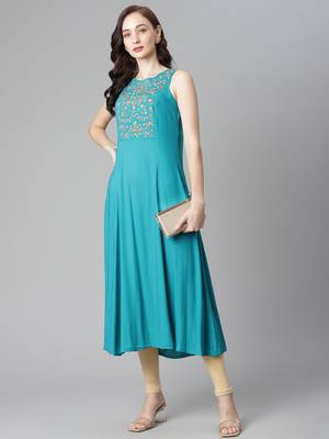 Turquoise embroidered rayon long-kurtis 5