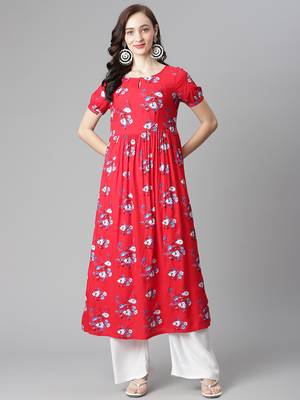 Red embroidered rayon long-kurtis 1