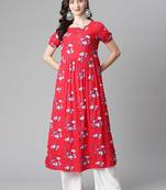 Red embroidered rayon long-kurtis