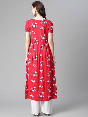 Red embroidered rayon long-kurtis 2