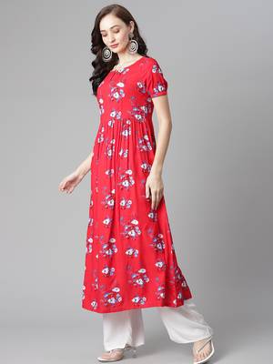 Red embroidered rayon long-kurtis 3