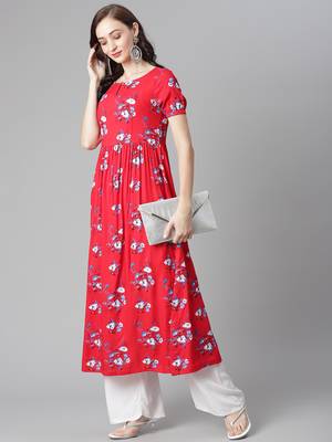 Red embroidered rayon long-kurtis 5