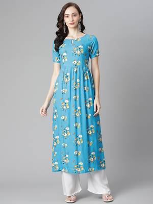 Turquoise printed rayon long-kurtis 1