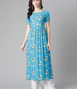 Turquoise printed rayon long-kurtis