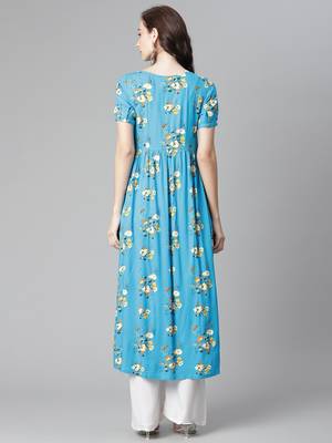 Turquoise printed rayon long-kurtis 2