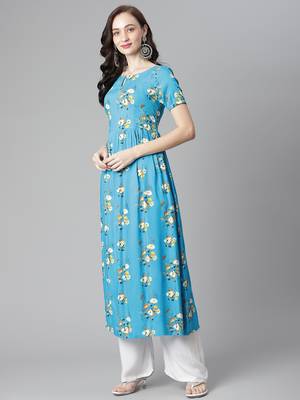 Turquoise printed rayon long-kurtis 3