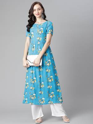 Turquoise printed rayon long-kurtis 5