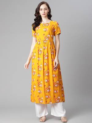 Yellow printed rayon long-kurtis 1