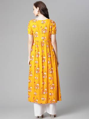 Yellow printed rayon long-kurtis 2