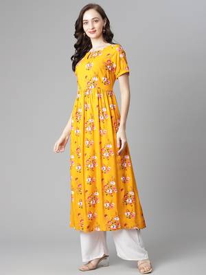 Yellow printed rayon long-kurtis 3