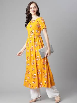 Yellow printed rayon long-kurtis 5