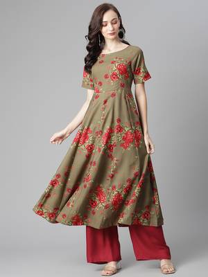 Green printed crepe long-kurtis 1