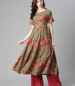 Green printed crepe long-kurtis