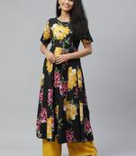 Black printed crepe long-kurtis