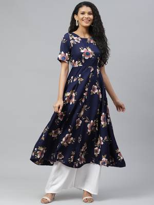 Blue printed crepe long-kurtis 1