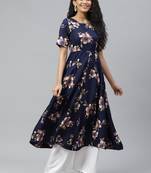 Blue printed crepe long-kurtis