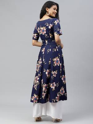 Blue printed crepe long-kurtis 2