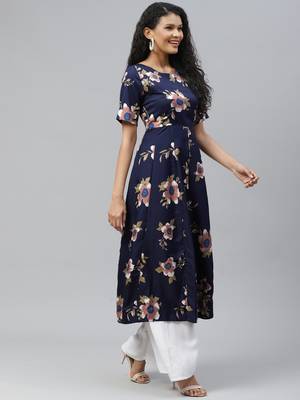 Blue printed crepe long-kurtis 3