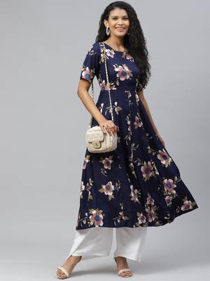 Blue printed crepe long-kurtis 5