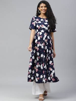 Blue printed crepe long-kurtis 1