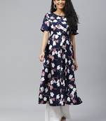 Blue printed crepe long-kurtis