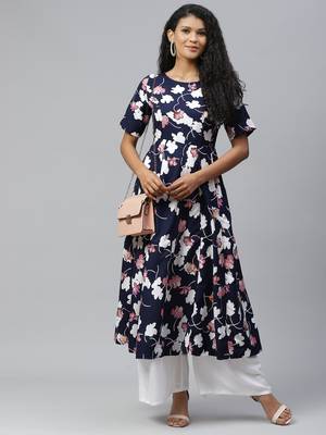 Blue printed crepe long-kurtis 5