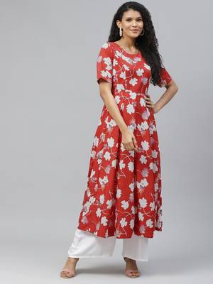 Red printed crepe long-kurtis 1